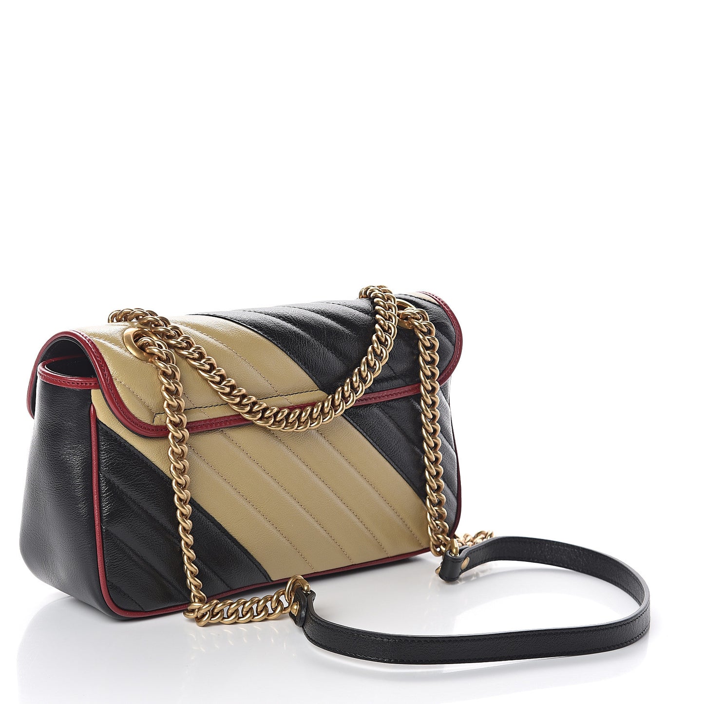 Vintage Effect Calfskin Matelasse Diagonal Striped Small Torchon GG Marmont Shoulder Bag Black Beige