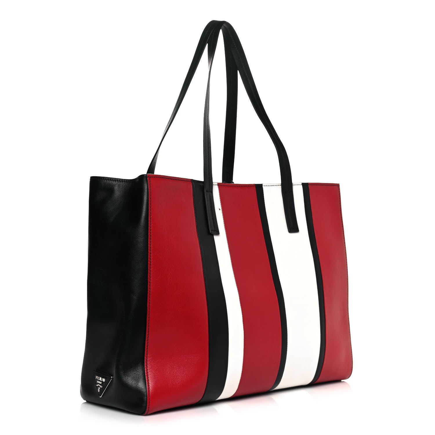 Prada Calfskin Baiadera Striped Shopping Tote Black Fuoco White 2 of 15