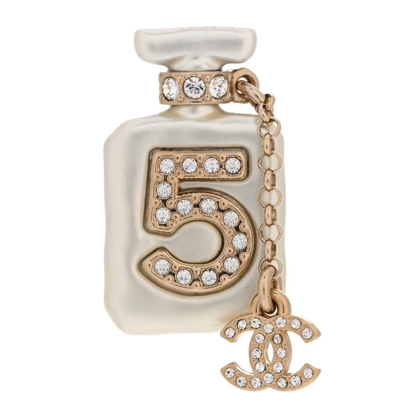 Pearl Resin Crystal CC No 5 Perfume Bottle Brooch Gold Pearly