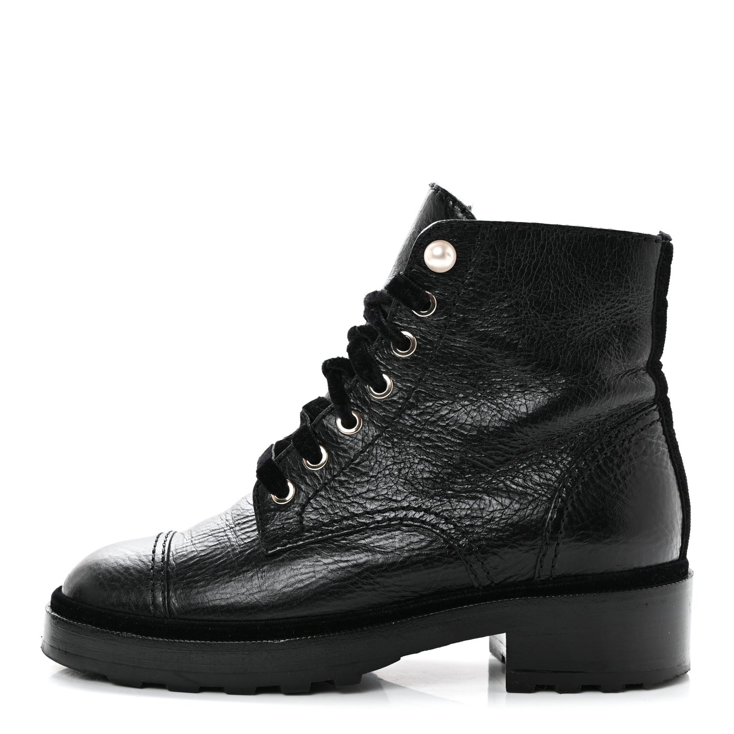 Shiny Calfskin Velvet Pearl Combat Short Boots 36 Black