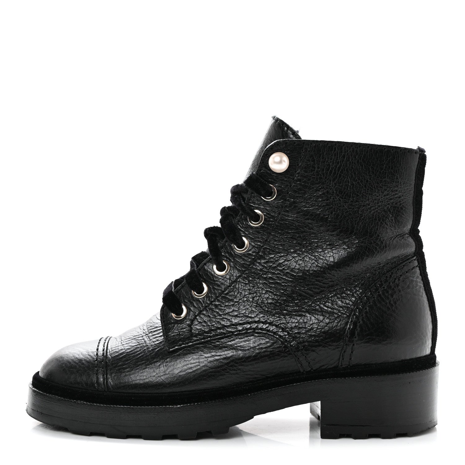 Chanel Shiny Calfskin Velvet Pearl Combat Short Boots 36 Black 1 of 7