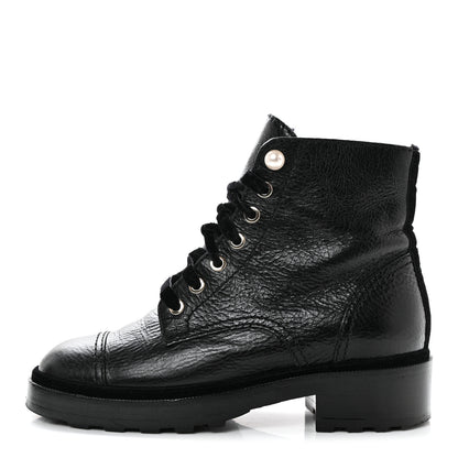 Chanel Shiny Calfskin Velvet Pearl Combat Short Boots 36 Black 1 of 7