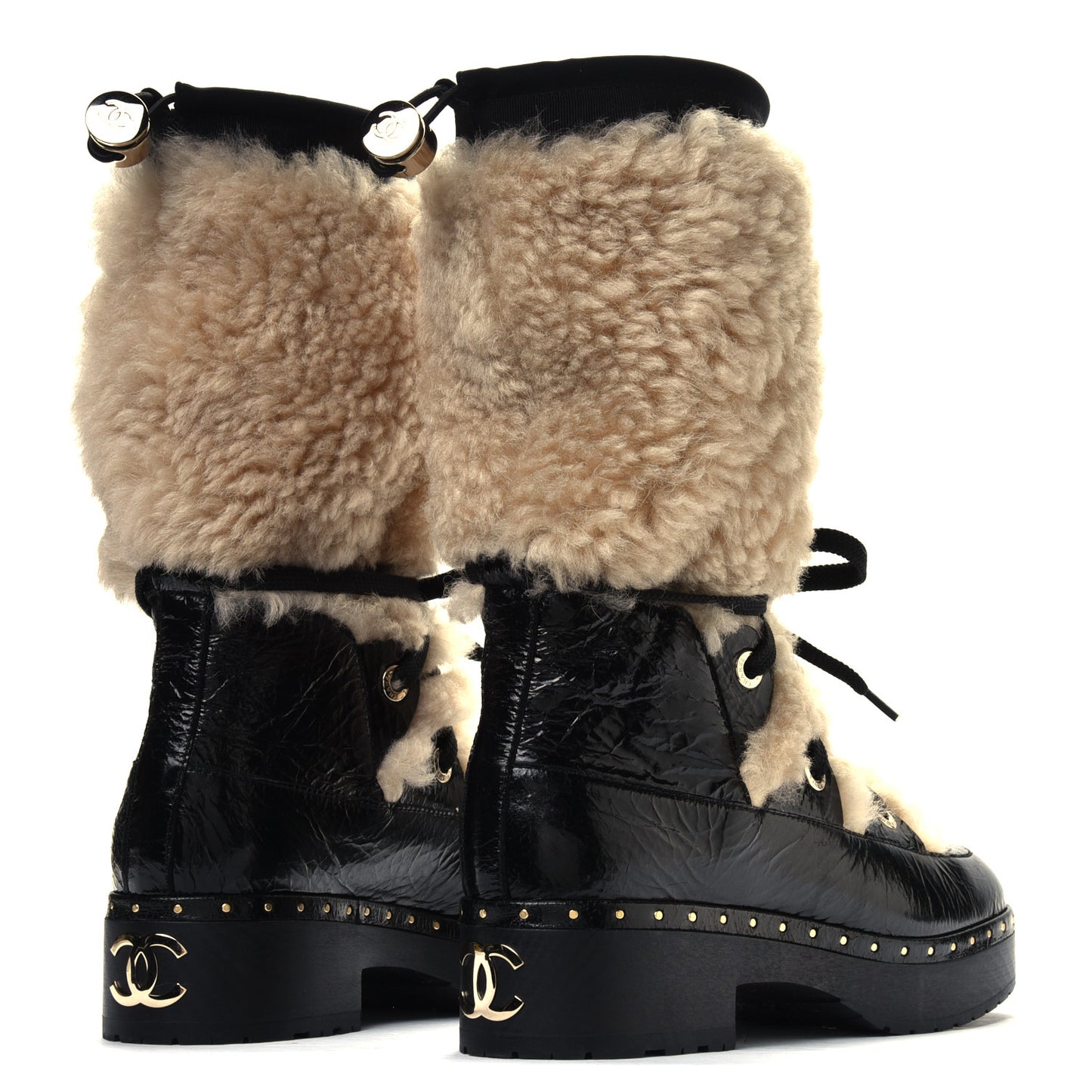 Patent Shearling Lace Up Boot 37 Black