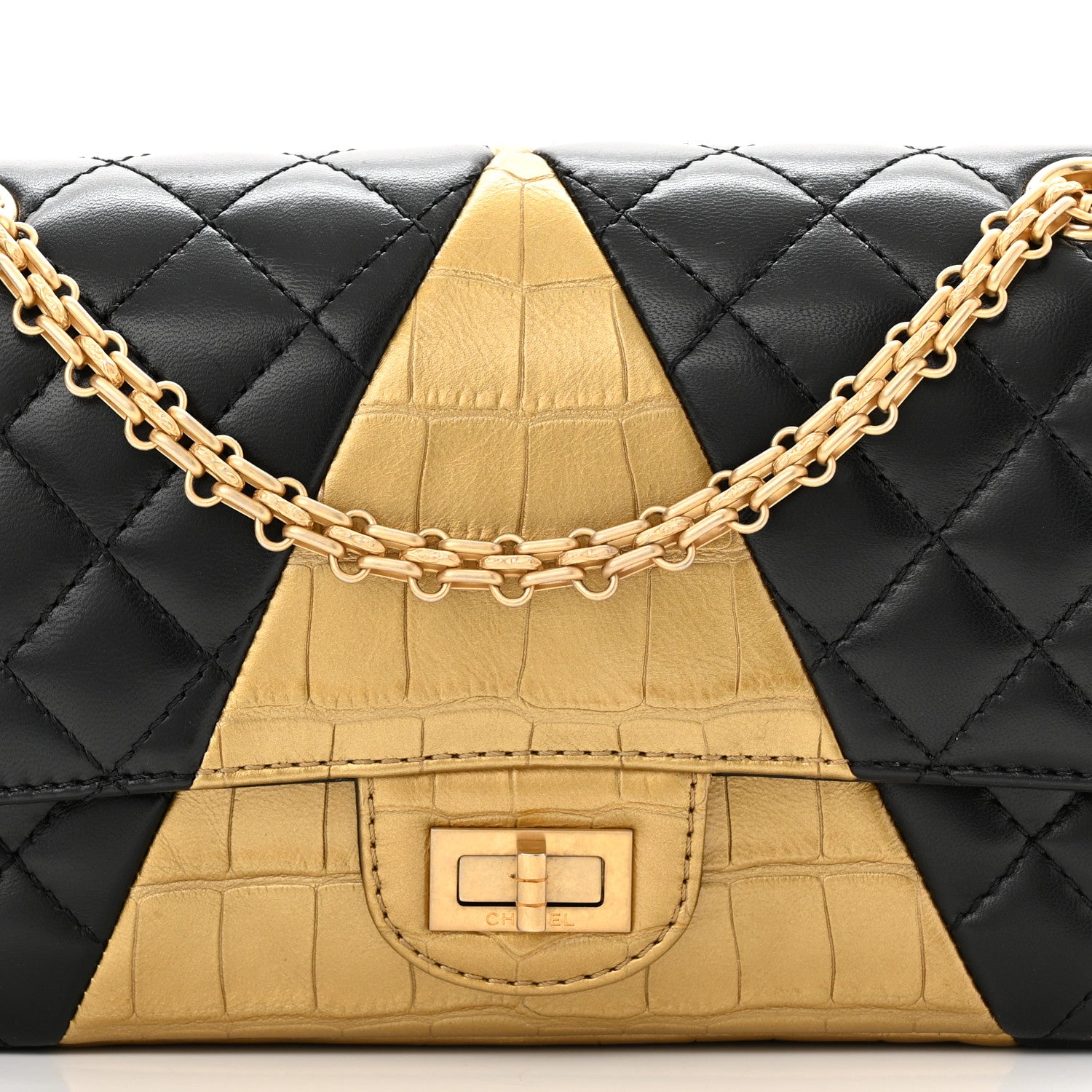 Chanel Lambskin Metallic Calfskin Crocodile Embossed 2.55 Cocodile Reissue 225 Flap Black Gold 8 of 10