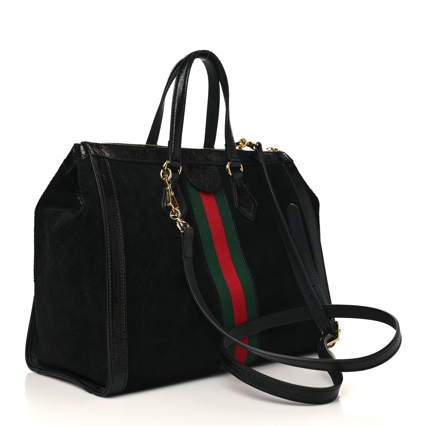 Suede Patent GG Web Medium Ophidia Tote Bag Black