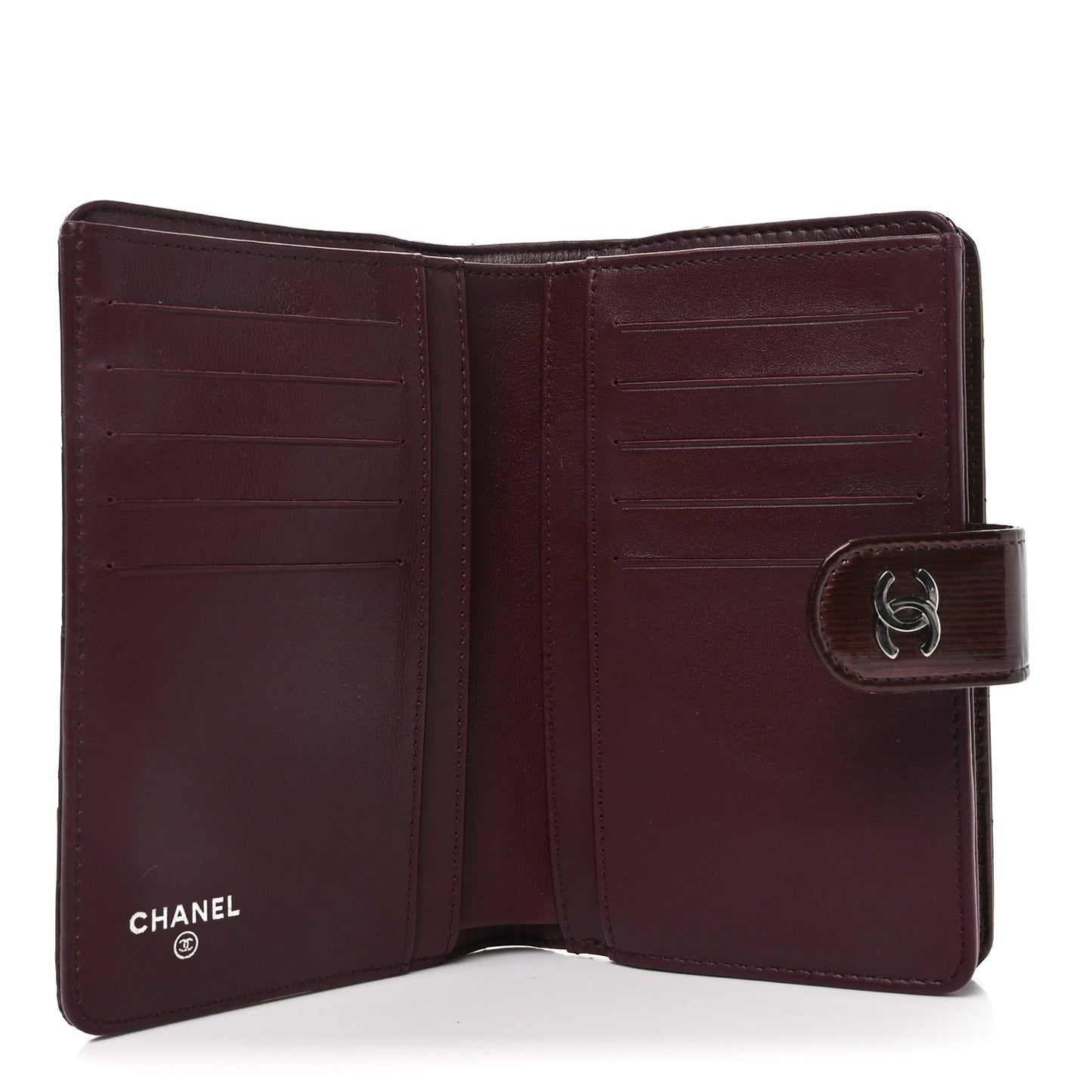 Striated Patent CC French Wallet Bordeaux