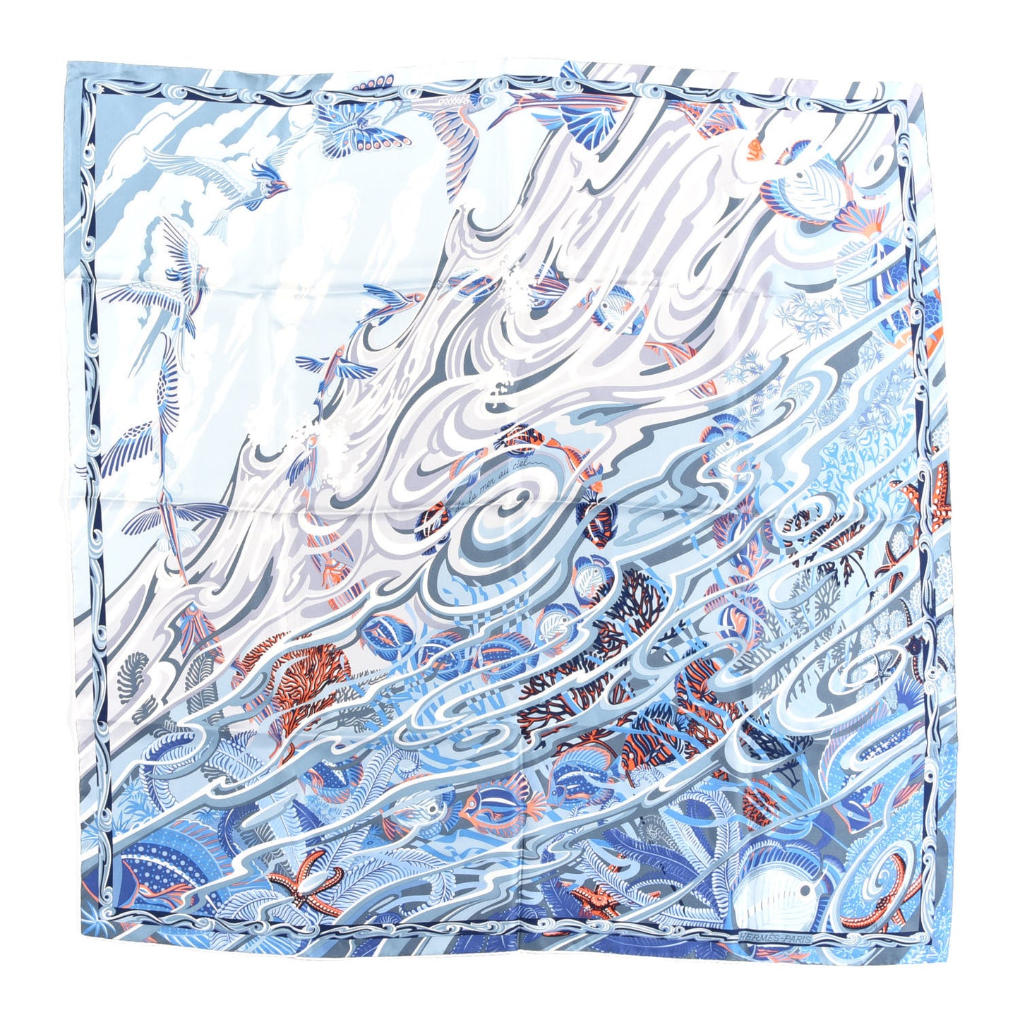 Silk De la Mer Au Ciel Scarf 90 Blue Jean Ceil Corail