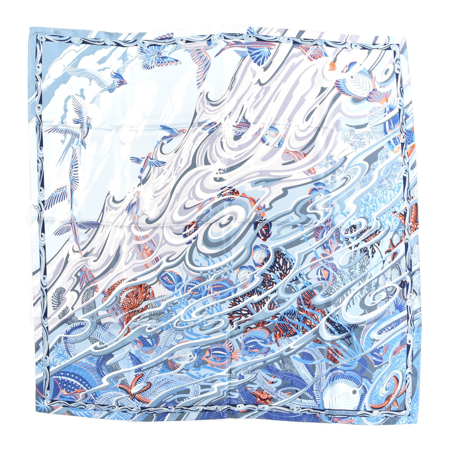 Hermes Silk De la Mer Au Ciel Scarf 90 Blue Jean Ceil Corail 1 of 4