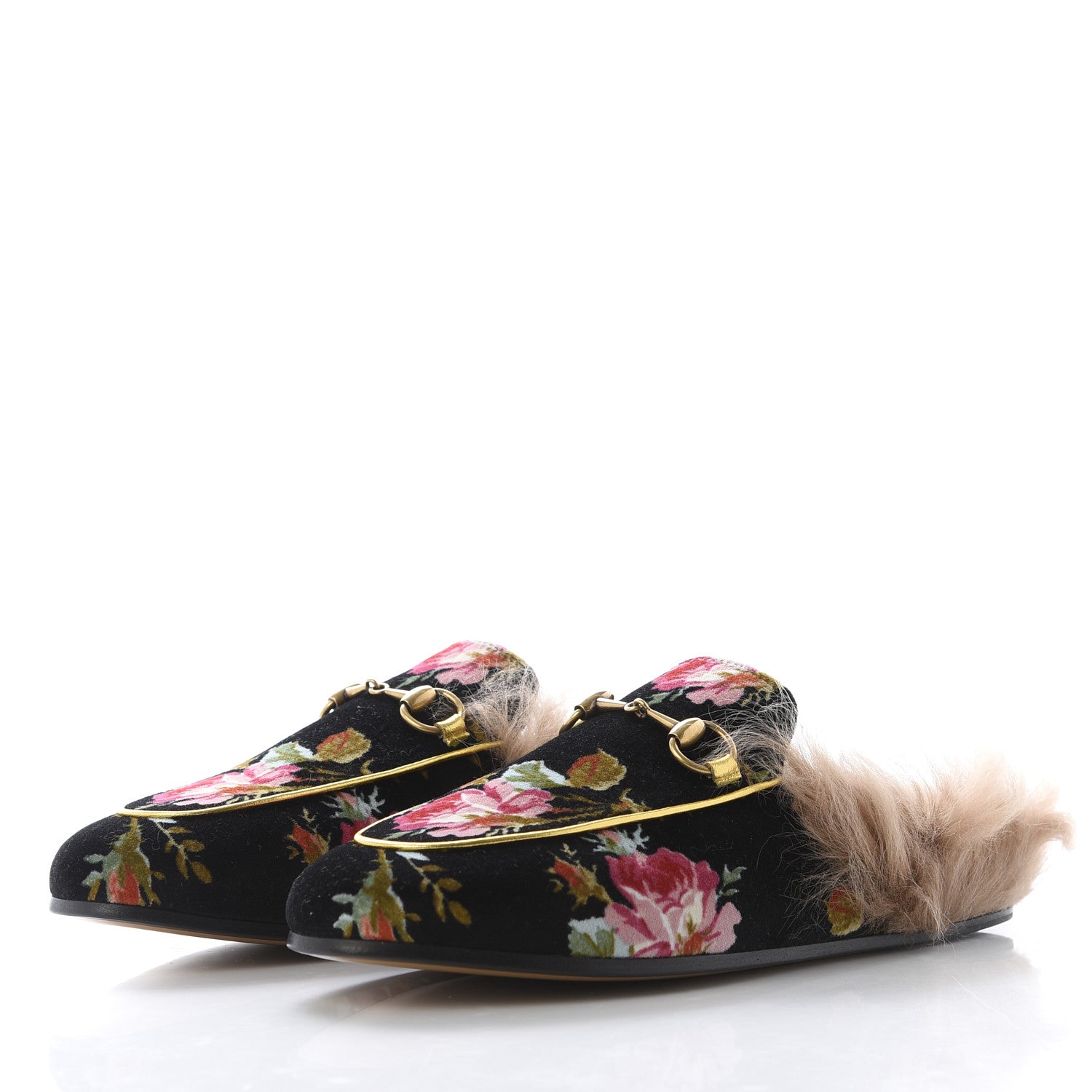 Gucci Velvet Fur Floral Womens Princetown Slippers 36 Black 3 of 8