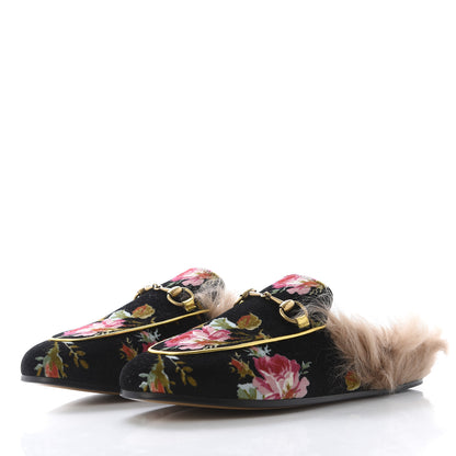 Gucci Velvet Fur Floral Womens Princetown Slippers 36 Black 3 of 8