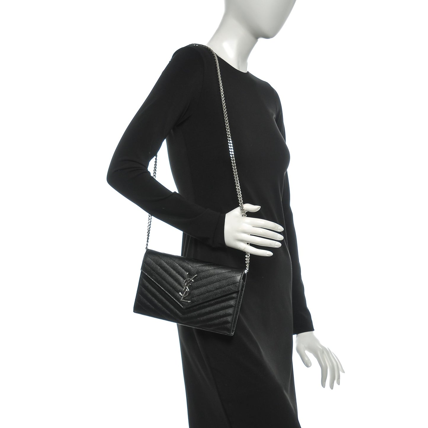 Grain De Poudre Matelasse Chevron Medium Monogram Chain Wallet Black