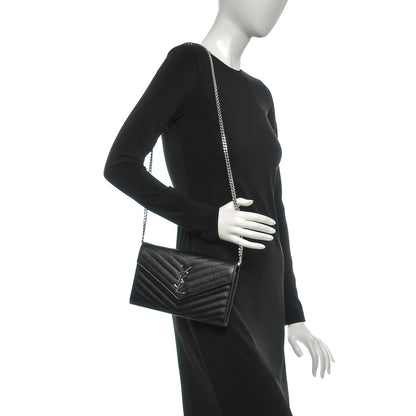 Saint Laurent Grain De Poudre Matelasse Chevron Medium Monogram Chain Wallet Black 2 of 8