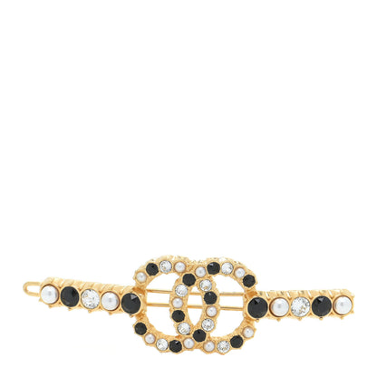 Chanel Pearl Crystal CC Hair Clip Barrette Gold Black Pearly White 1 of 6