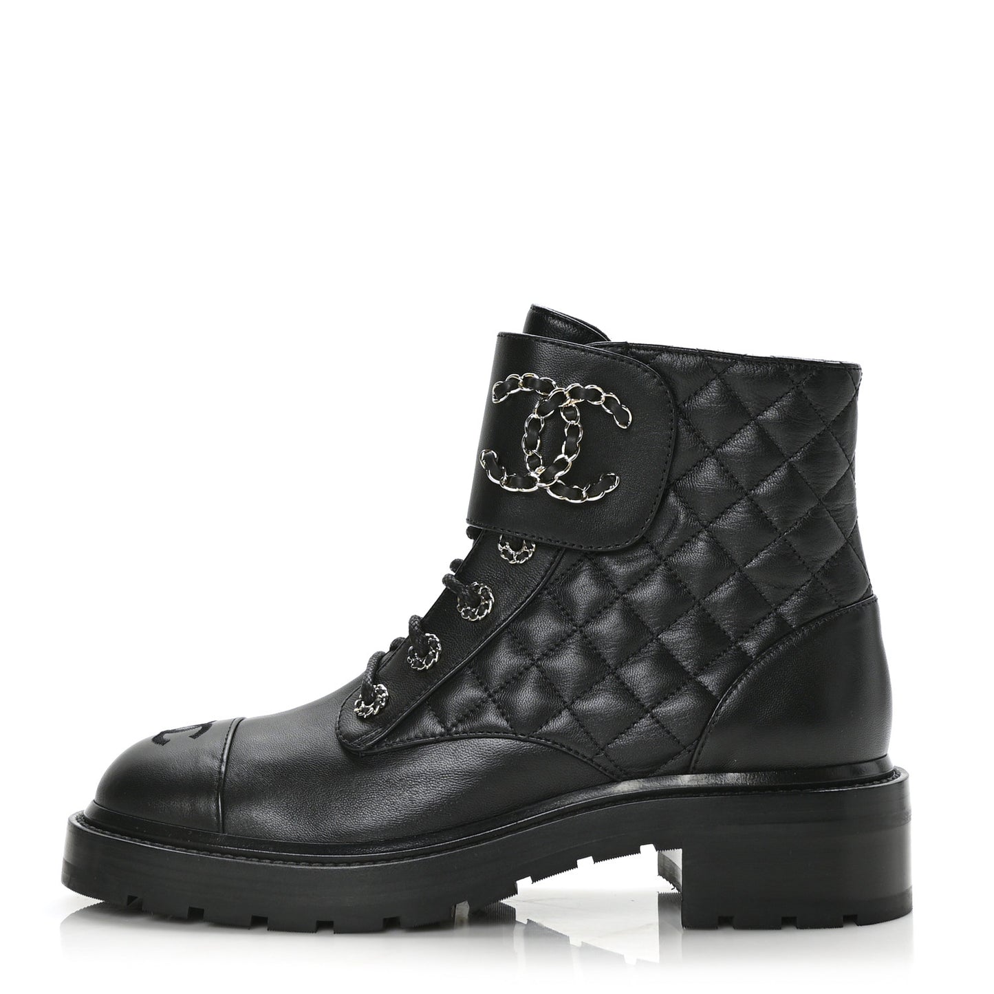 Shiny Calfskin Quilted Lace Up Combat Boots 40 Black