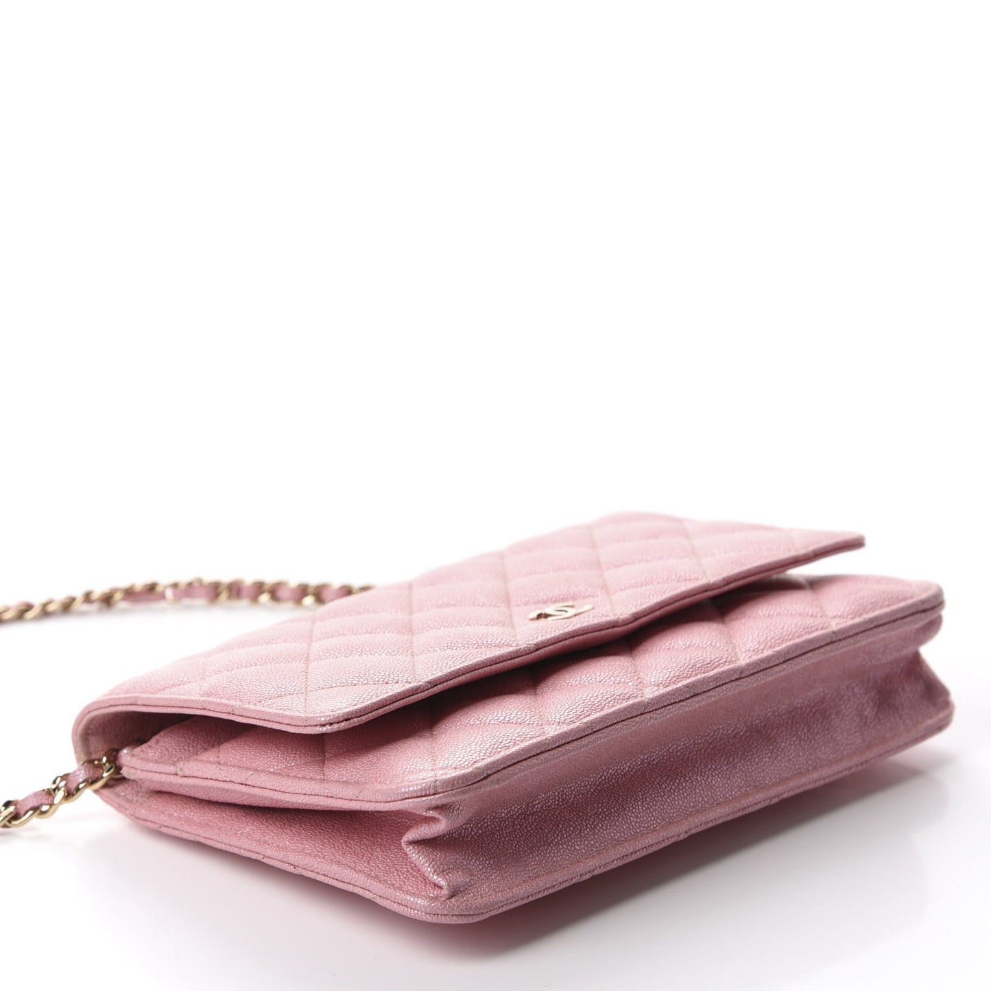 Iridescent Caviar Quilted Wallet on Chain WOC Rose Pink