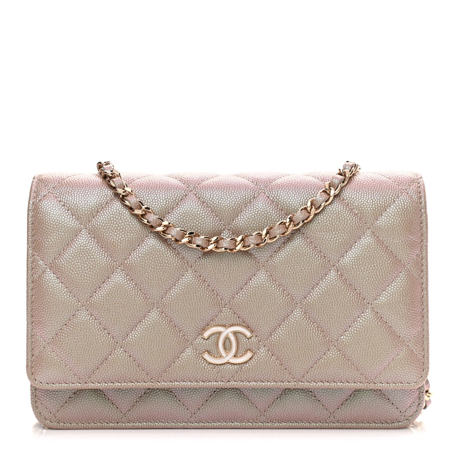 Iridescent Caviar Quilted Wallet On Chain WOC Beige