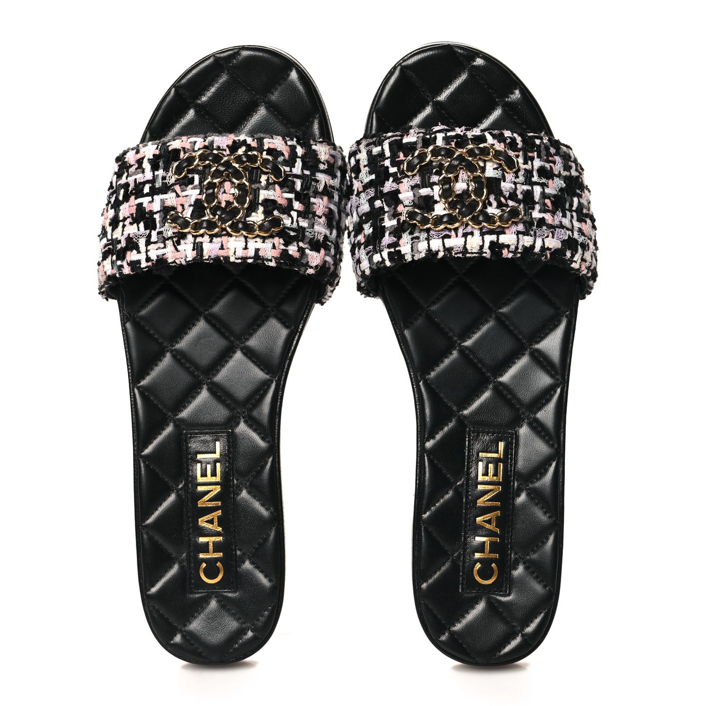 Tweed CC Chain Mule Sandals 37.5 Black Multicolor