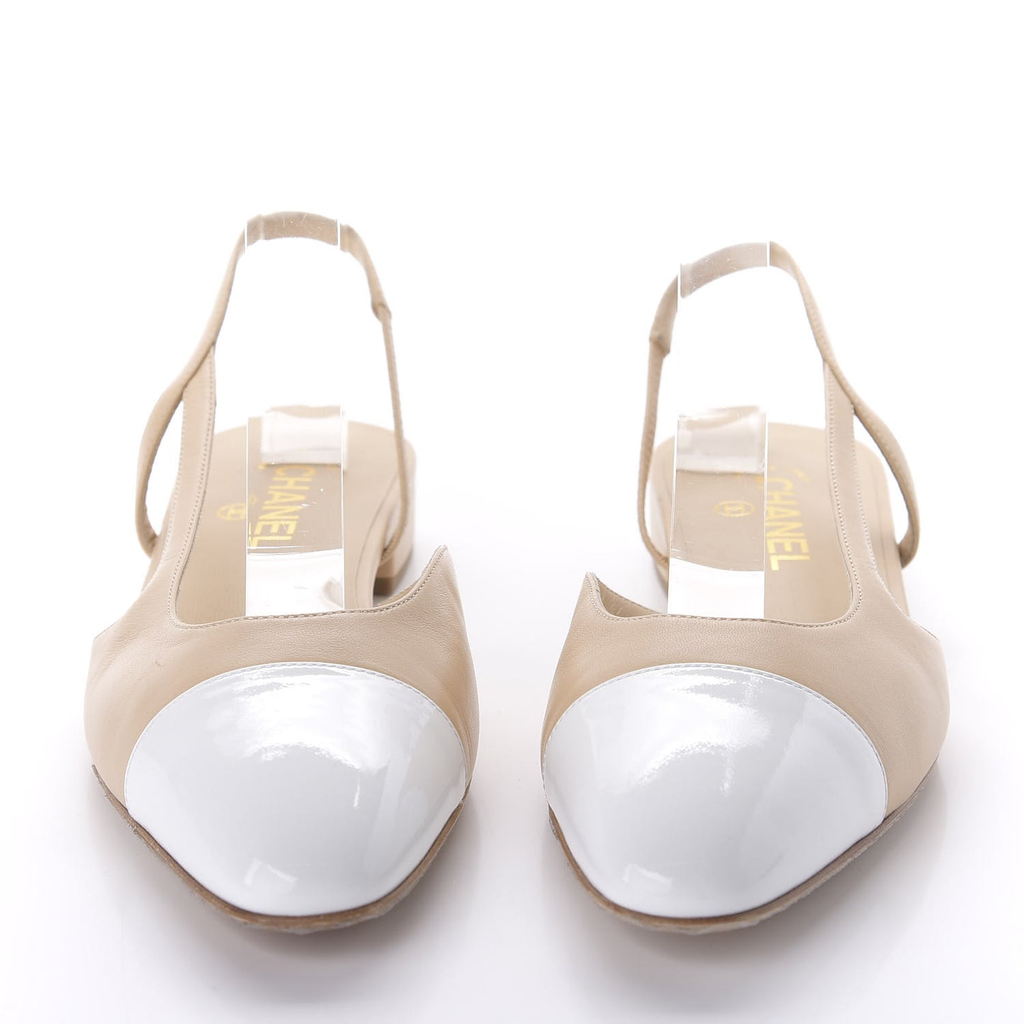 Lambskin Patent Cap Toe CC Slingback Sandals 40 Beige White