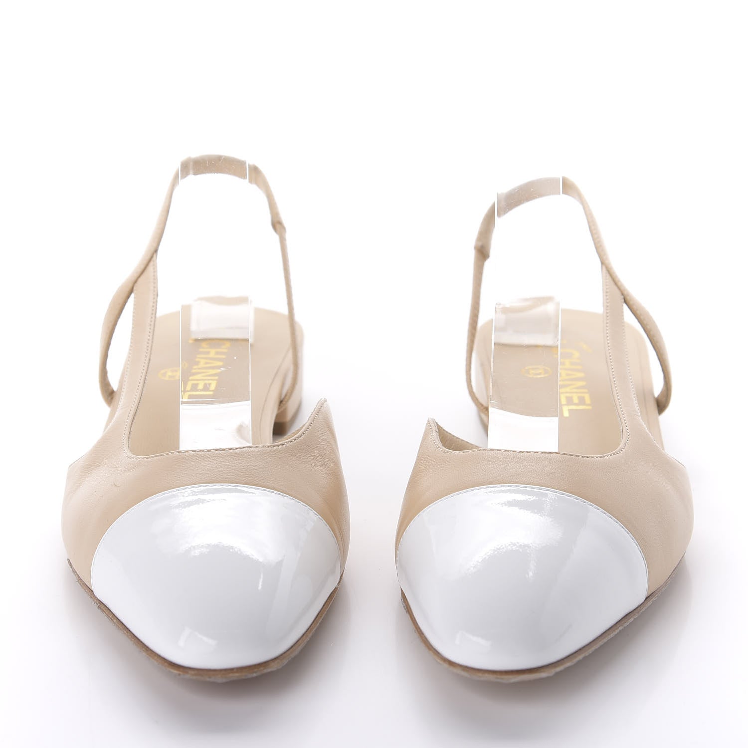 Chanel Lambskin Patent Cap Toe CC Slingback Sandals 40 Beige White 2 of 9