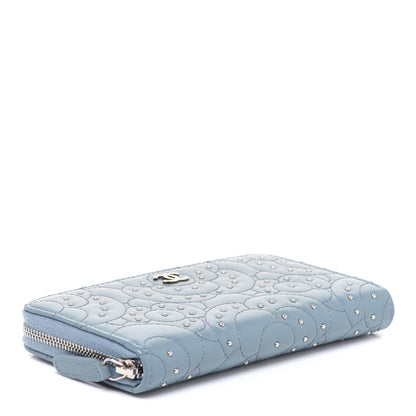 Chanel Lambskin Camellia Embossed Studded Medium Zip Around Blue 4 of 9