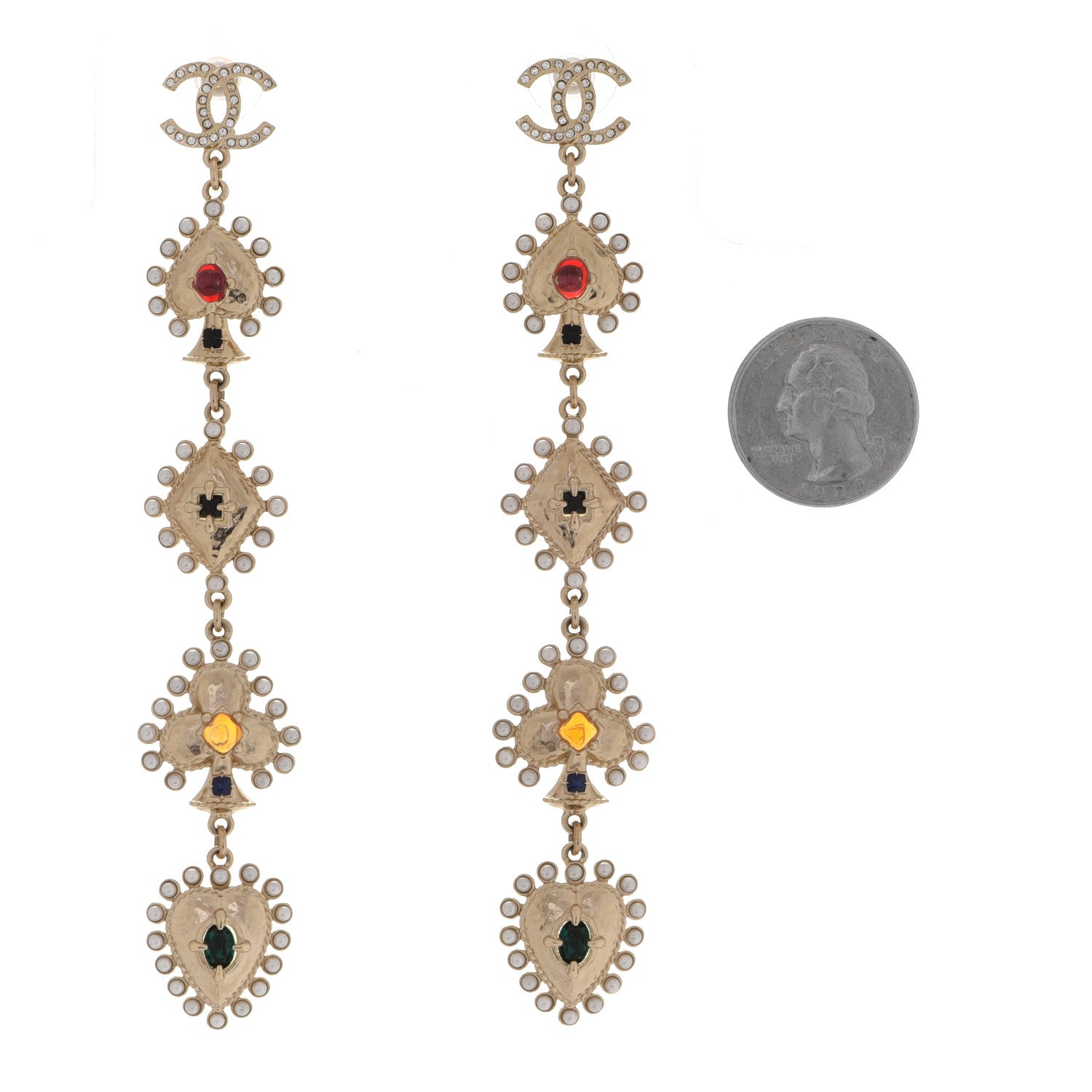 Chanel Metal Pearl Spade Diamond Club Heart Long Drop Earrings Gold Multicolor 2 of 4