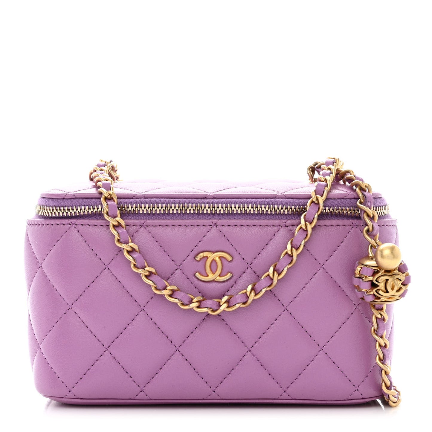 Lambskin Quilted Pearl Crush Small Vanity Case With Chain Purple
