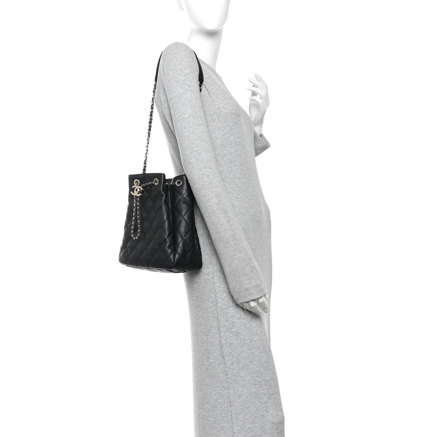 Goatskin Quilted Chain Drawstring Bag Black