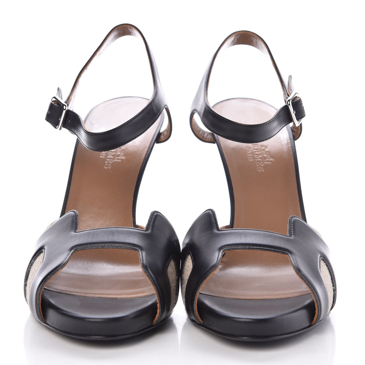 Hermes Linen Natural Calfskin Initiale Sandals 40 Black 2 of 7