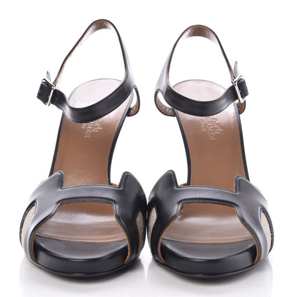 Hermes Linen Natural Calfskin Initiale Sandals 40 Black 2 of 7