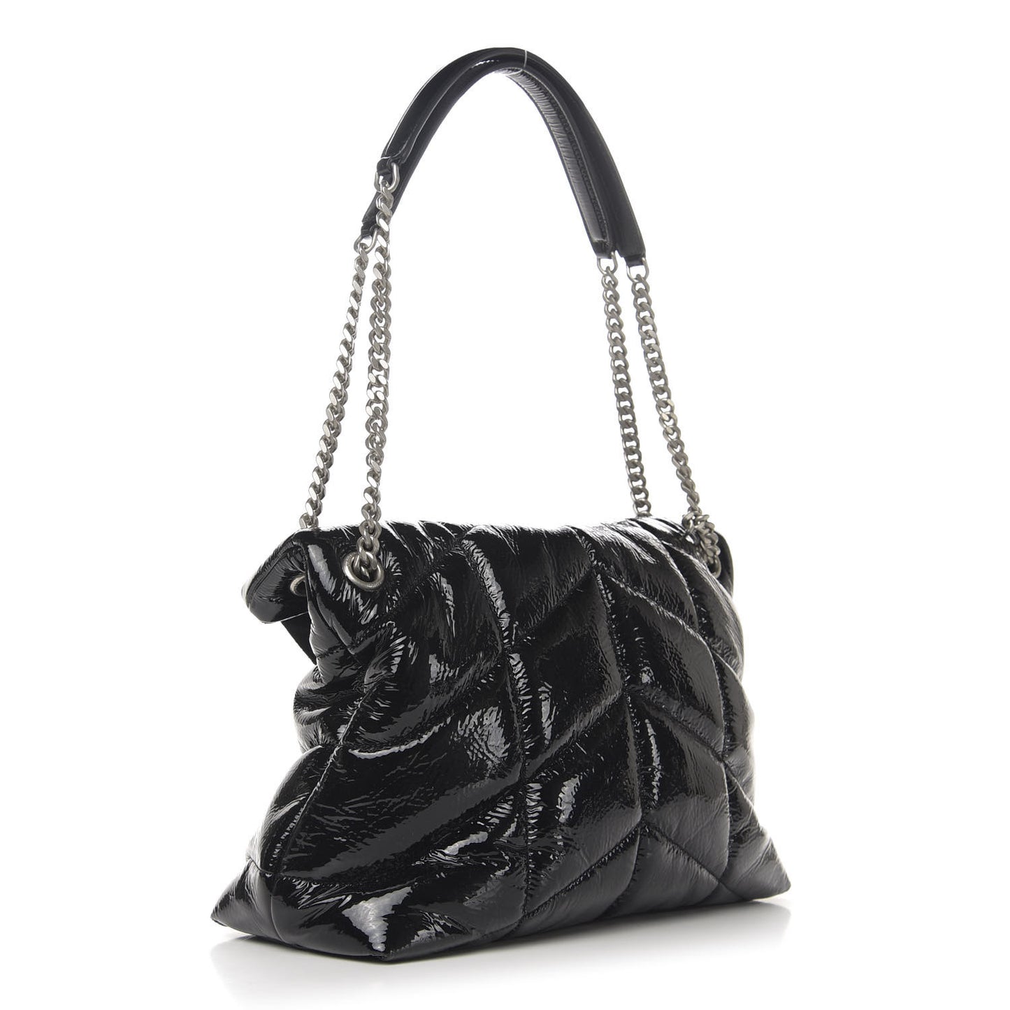Shiny Calfskin Quilted Medium Loulou Puffer Monogram Chain Satchel Black