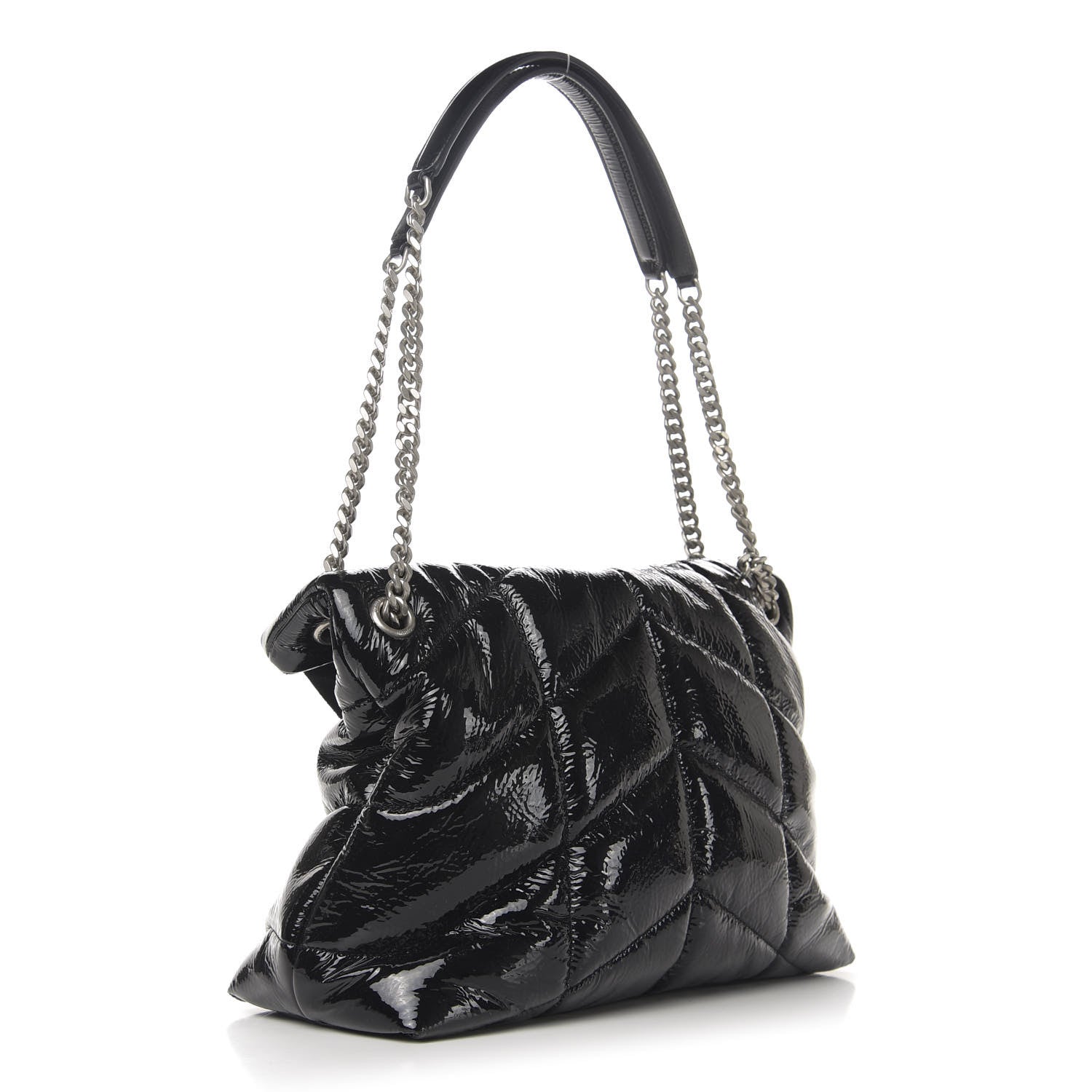 Saint Laurent Shiny Calfskin Quilted Medium Loulou Puffer Monogram Chain Satchel Black 3 of 10