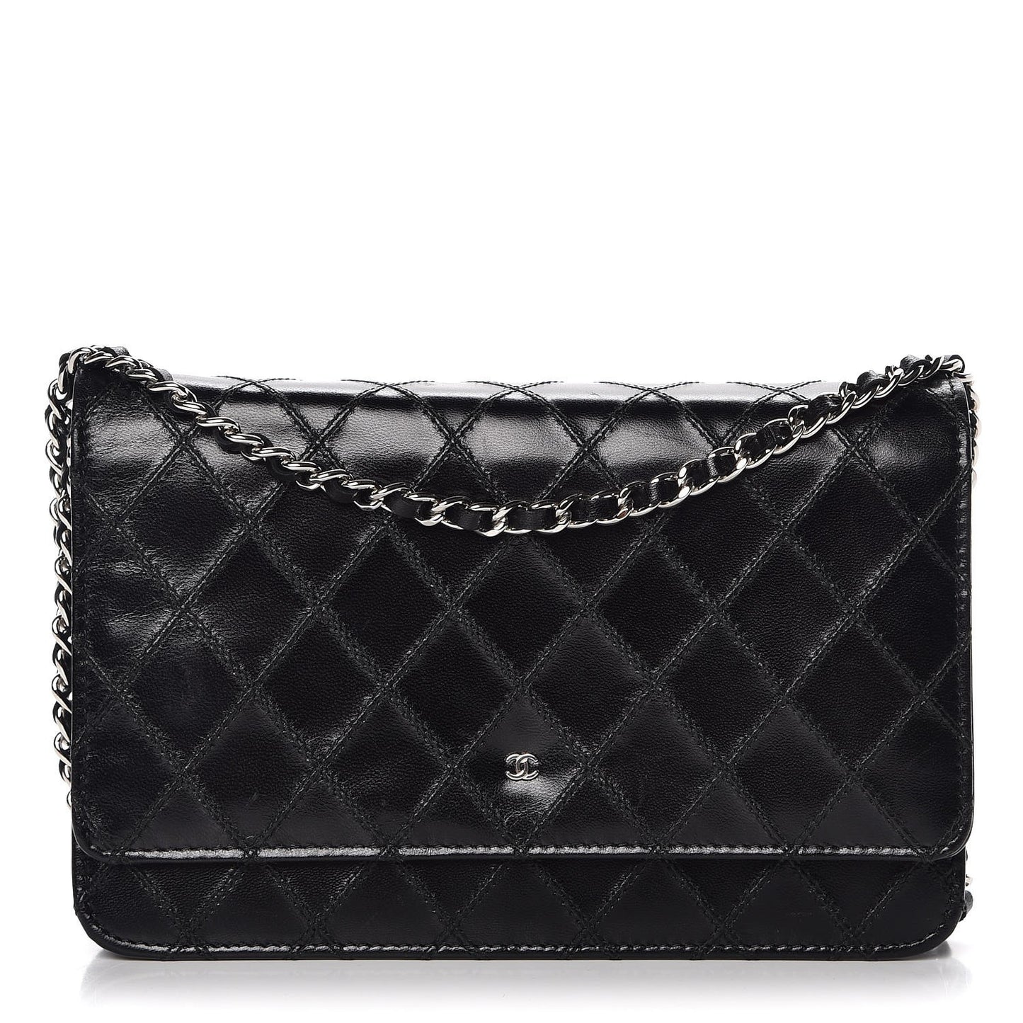 Lambskin Diamond Stitched Wallet On Chain WOC Black