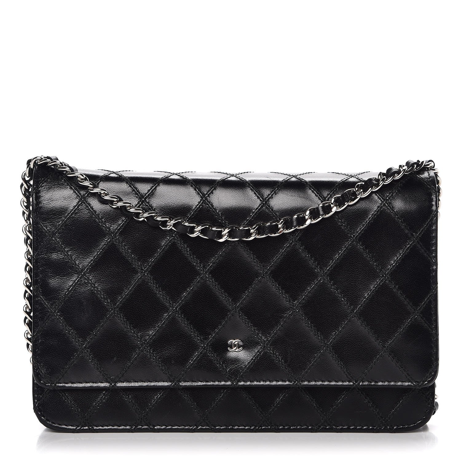 Chanel Lambskin Diamond Stitched Wallet On Chain WOC Black 1 of 8