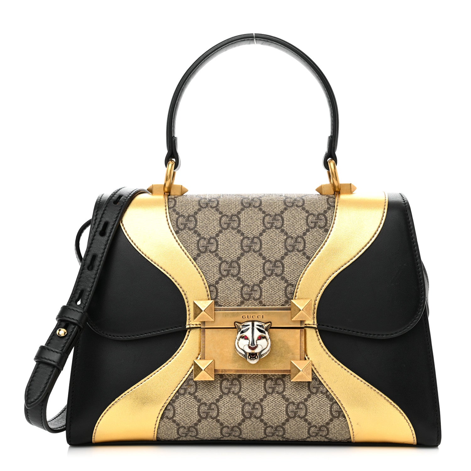 Gucci GG Supreme Monogram Small Osiride Top Handle Bag Black Gold 1 of 15