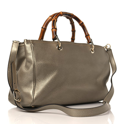 Gucci Metallic Pebbled Calfskin Medium Bamboo Shopper Tote Golden Beige 3 of 12