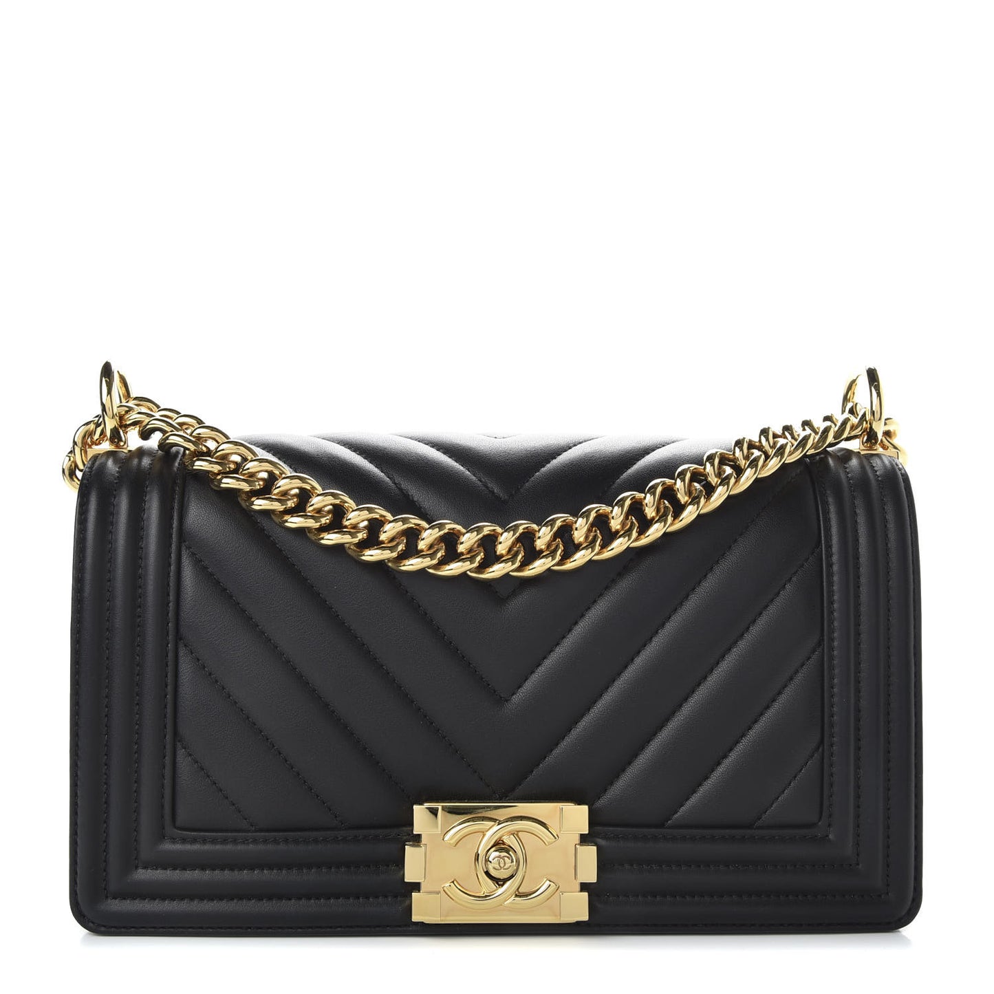 Calfskin Chevron Quilted Medium Boy Flap Black
