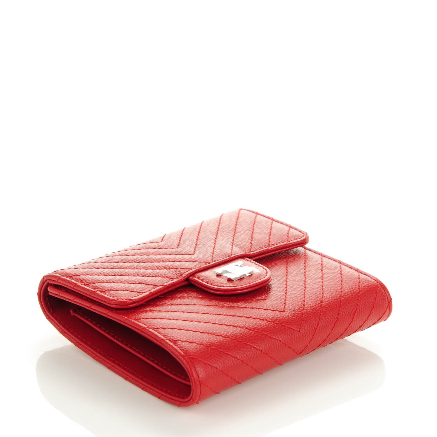 Caviar Chevron Quilted Compact Flap Wallet Dark Red