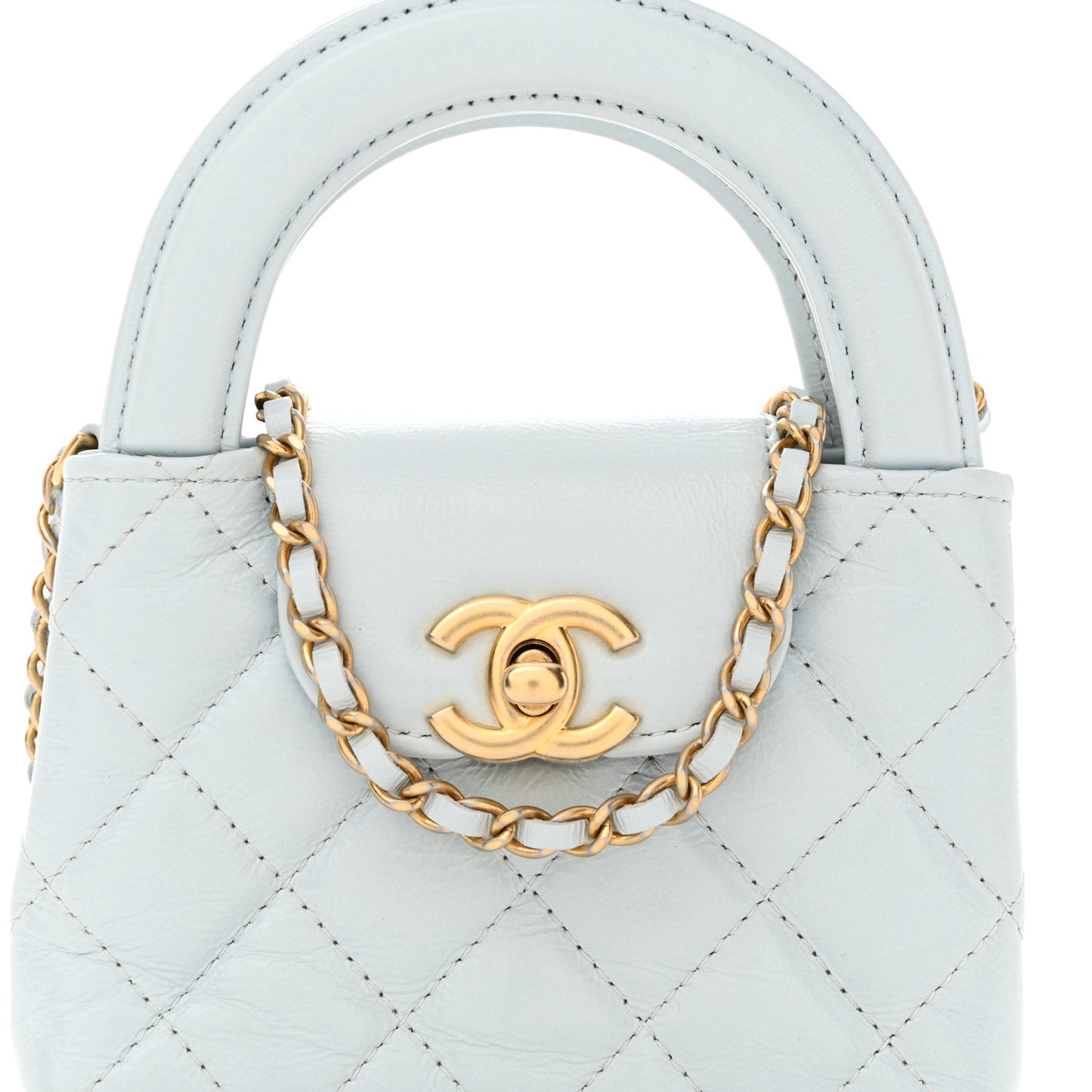 Shiny Aged Calfskin Quilted Mini Nano Kelly Shopper Light Blue