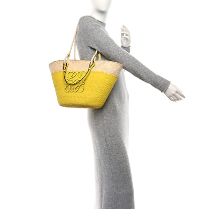 Loewe Calfskin Raffia Paulas Ibiza Medium Anagram Basket Tote Bag Natural Lemon 2 of 8