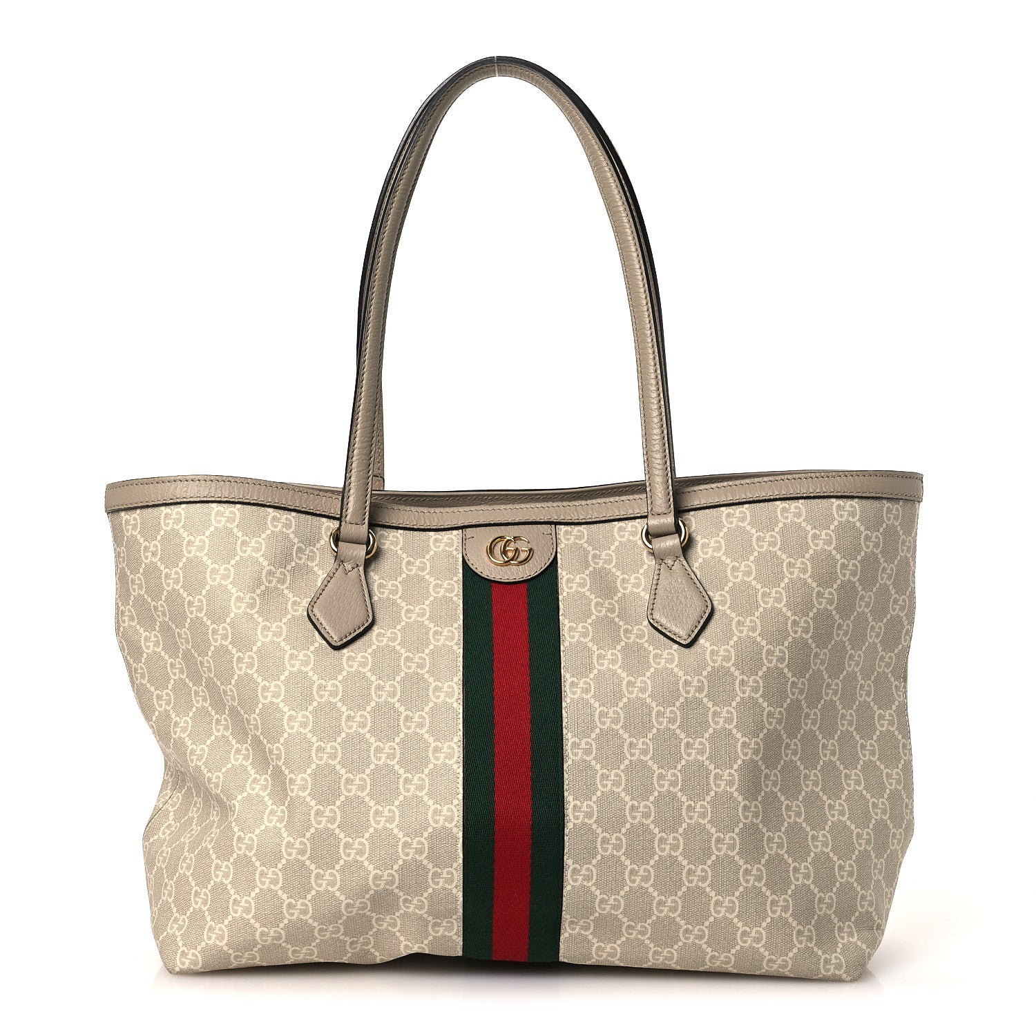 Gucci GG Supreme Monogram Textured Dollar Calfskin Web Medium Ophidia Shopping Tote Beige Mystic White Oatmeal 1 of 10