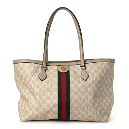 Gucci GG Supreme Monogram Textured Dollar Calfskin Web Medium Ophidia Shopping Tote Beige Mystic White Oatmeal 1 of 10