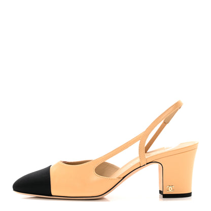 Chanel Lambskin Grosgrain Cap Toe CC Slingback Pumps 39 Beige Black 1 of 12