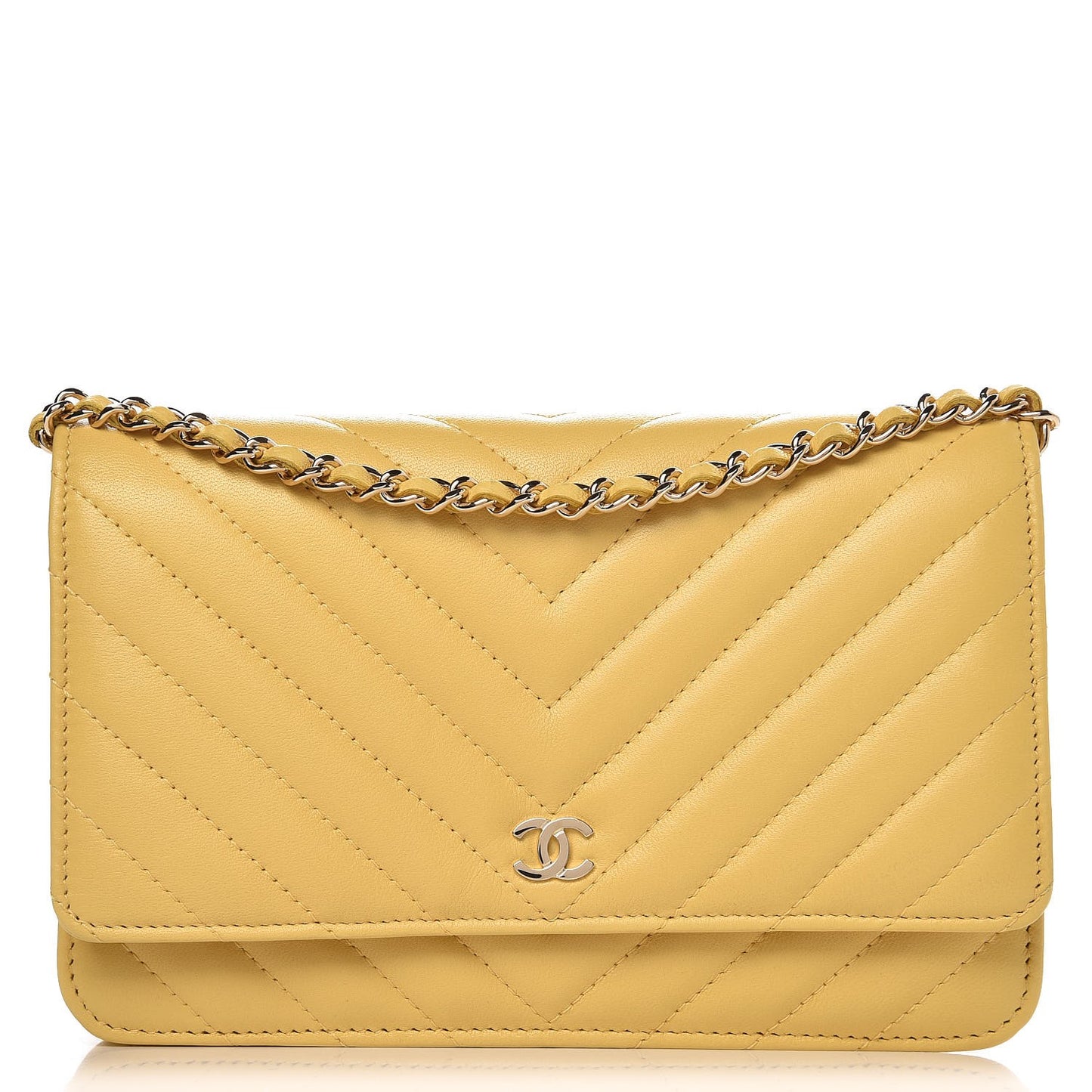 Lambskin Chevron Quilted Wallet On Chain WOC Yellow