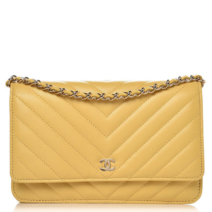 Chanel Lambskin Chevron Quilted Wallet On Chain WOC Yellow 1 of 9