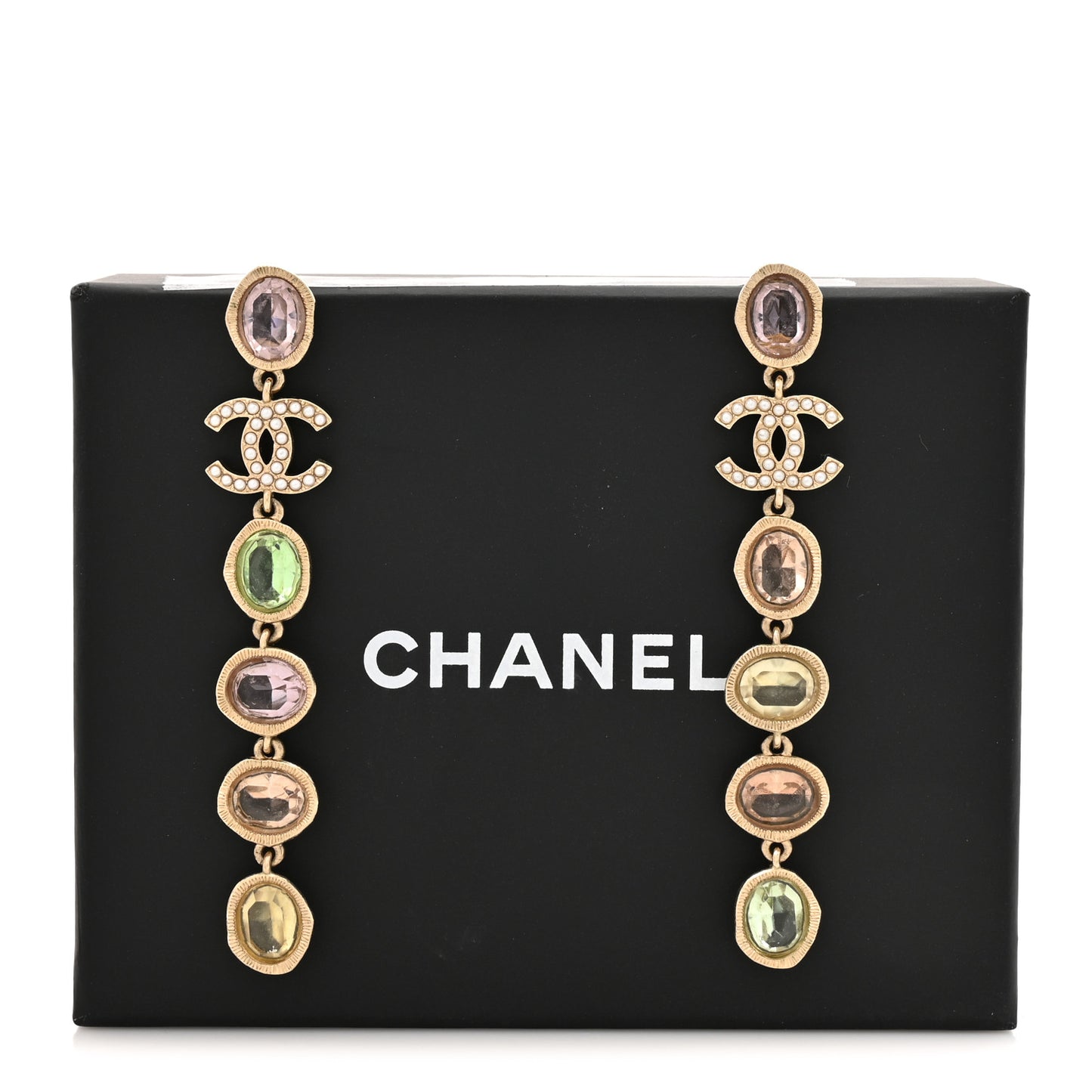 Metal Glass Crystal Strass Pearl CC Drop Earrings Gold Multicolor Pearly White