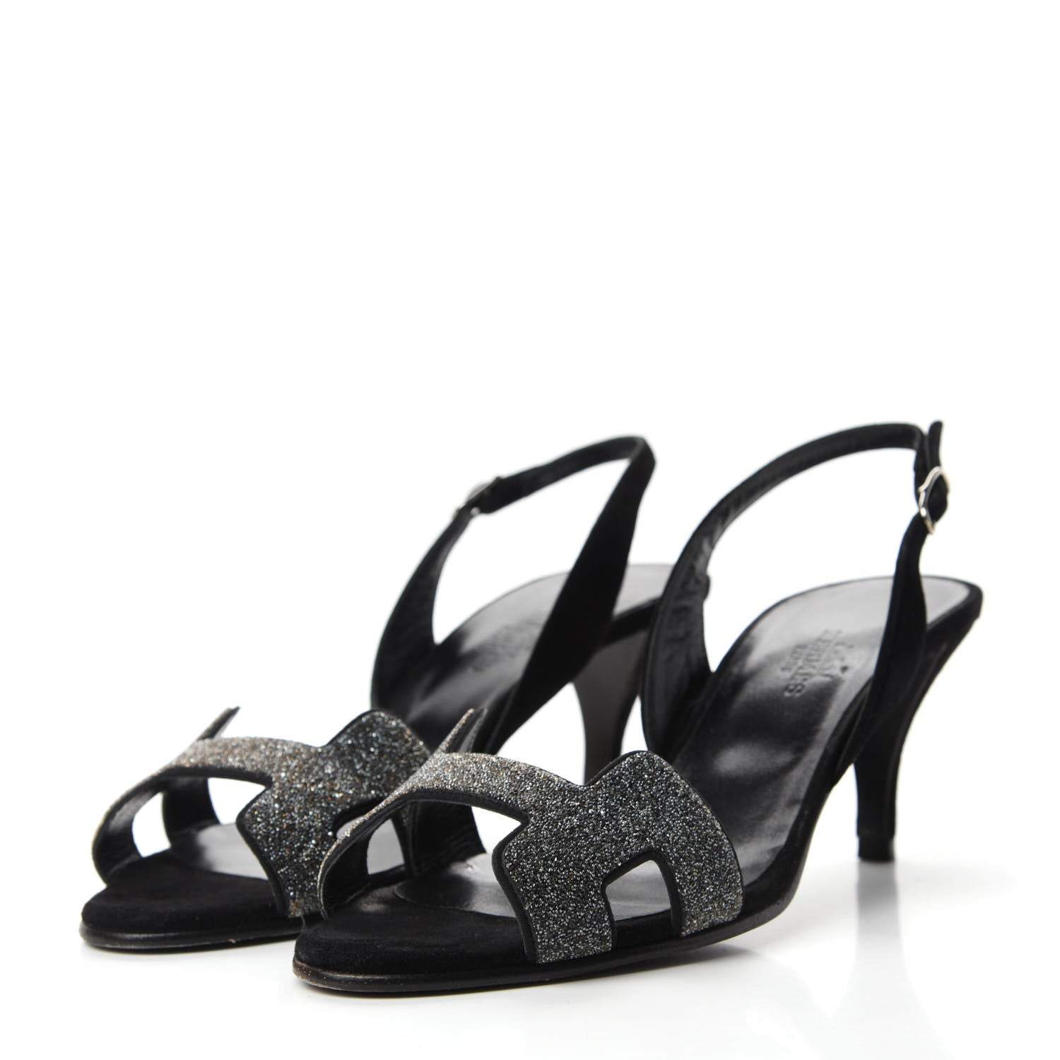 Hermes Velour Goatskin Crystal Poudre Night 70 Slingback Sandals 36 Argent Black 3 of 10