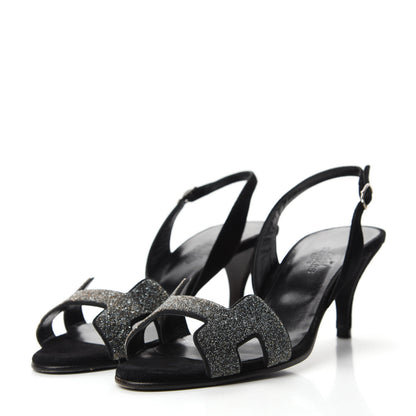 Hermes Velour Goatskin Crystal Poudre Night 70 Slingback Sandals 36 Argent Black 3 of 10