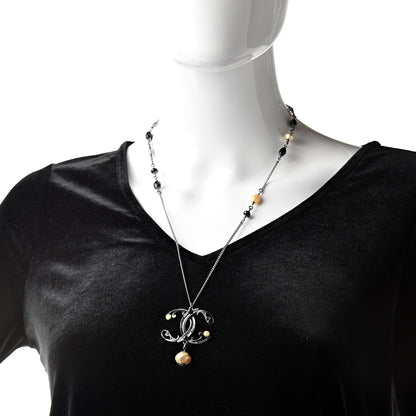 Chanel Pearl Beaded Enamel CC Long Necklace Black Silver 2 of 6