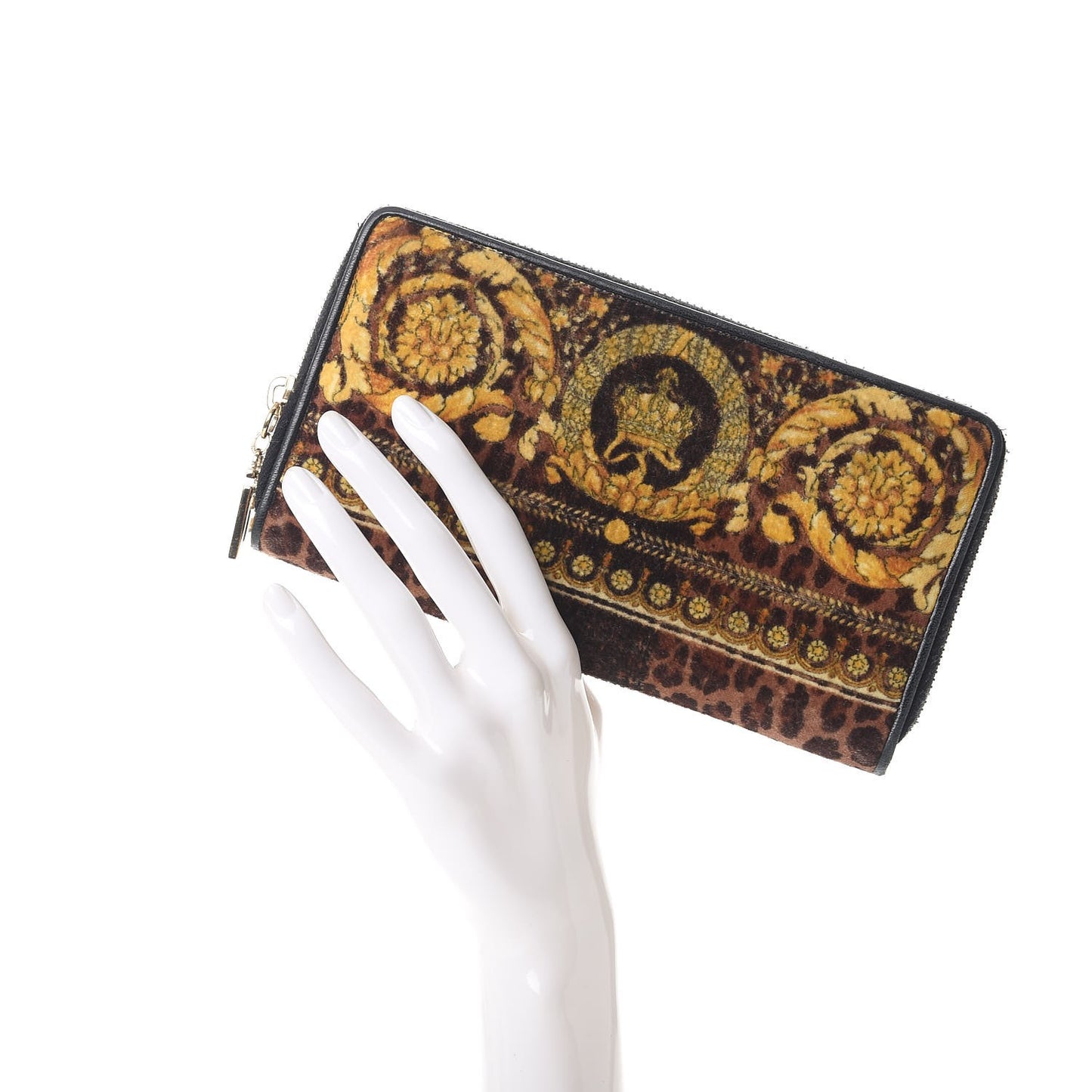 Felt Barocco Print Zip Around Wallet Black Gold
