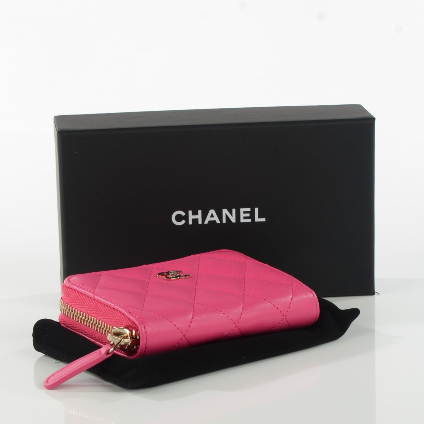Lambskin Quilted Zip Around Coin Purse Wallet Fuchsia